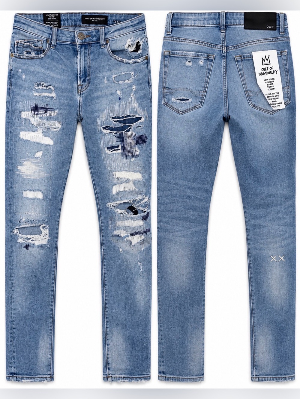 Cult of Individuality Punk Super Skinny Jeans Men’s 34x32 Distressed Patchwork